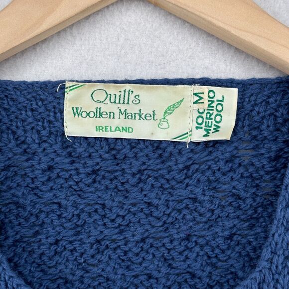 QUILLS Cardigan Womens M 100% Merino Wool Button Up Cable Fisherman Blue Ireland - Picture 9 of 12